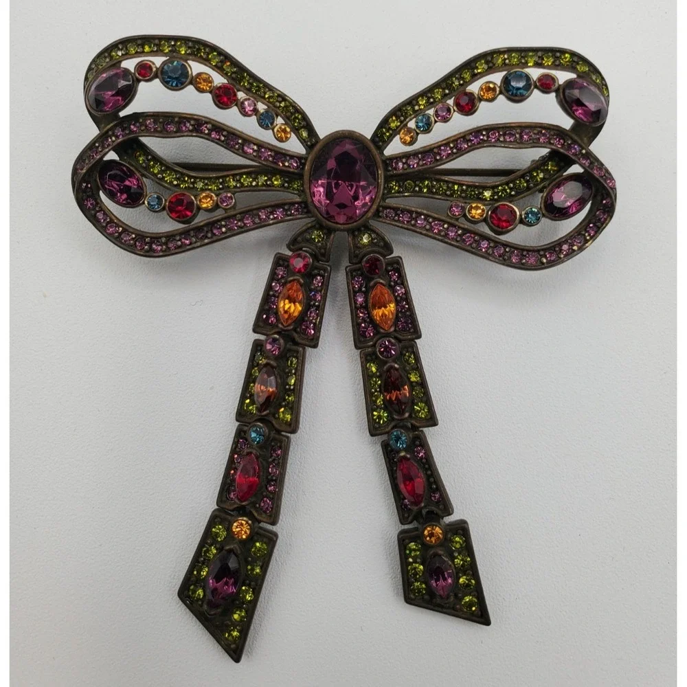 Vtg Heidi Daus Mult Color Crystal Articulated Bow Estate Brooch Pin
